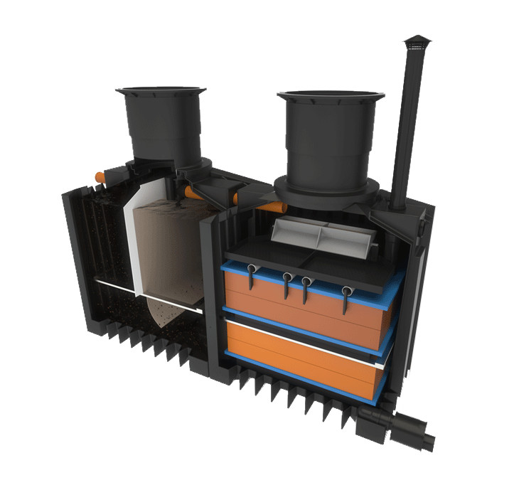 Schéma de fonctionnement de la fosse toutes eaux et du filtre biologique dans une micro station d'assainissement ClearFox